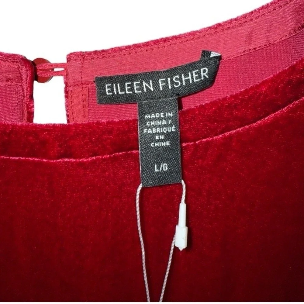 Eileen Fisher Large Ruby Red Crew Neck Long Sleeve Velvet Knee Length Dress NWT‎